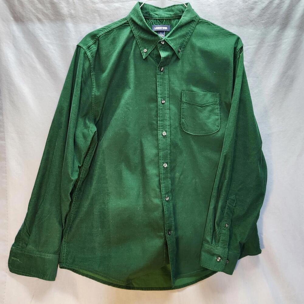 Lands End Long Sleeve Button Down Shirt Mens Size Large Green Chest Pocket‎